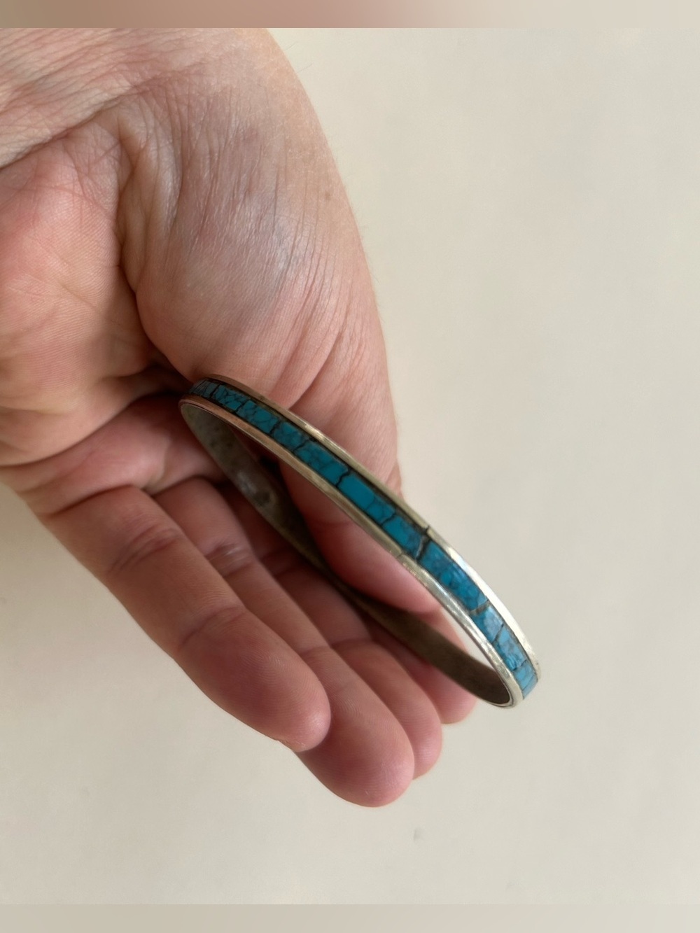 Vintage Alpaca Turquoise Inlay Bangle Bracelet Silver Tone Southwestern Boho